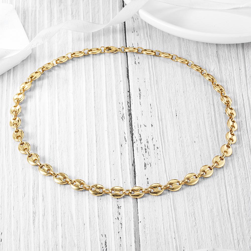 A stylish Coffee Bean Chain Necklace made of 316L surgical stainless steel with 14K gold PVD plating, showcasing its elegant coffee bean links.