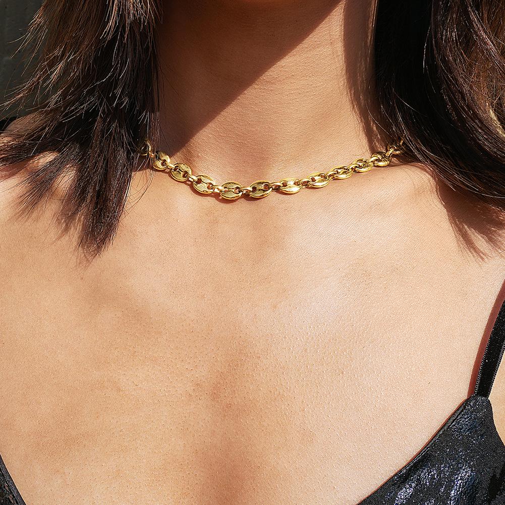 A stylish Coffee Bean Chain Necklace made of 316L surgical stainless steel with 14K gold PVD plating, showcasing its elegant coffee bean links.