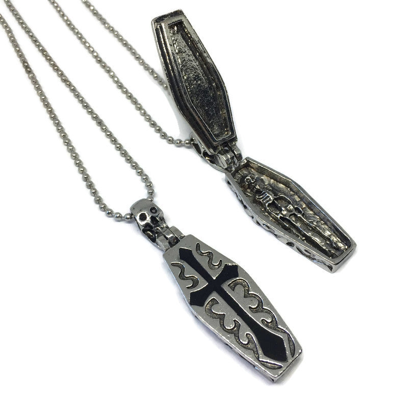 Coffin x Skeleton Necklace featuring a unique coffin and skeleton pendant on a 50cm chain, crafted from sterling silver plated steel alloy.