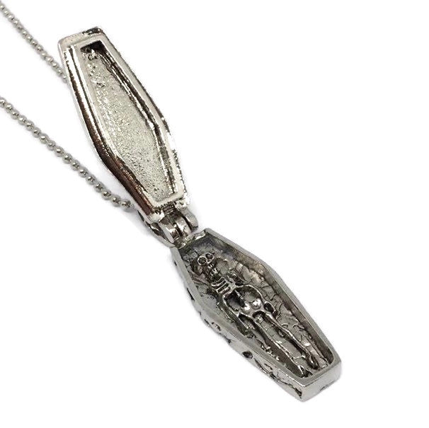 Coffin x Skeleton Necklace featuring a unique coffin and skeleton pendant on a 50cm chain, crafted from sterling silver plated steel alloy.