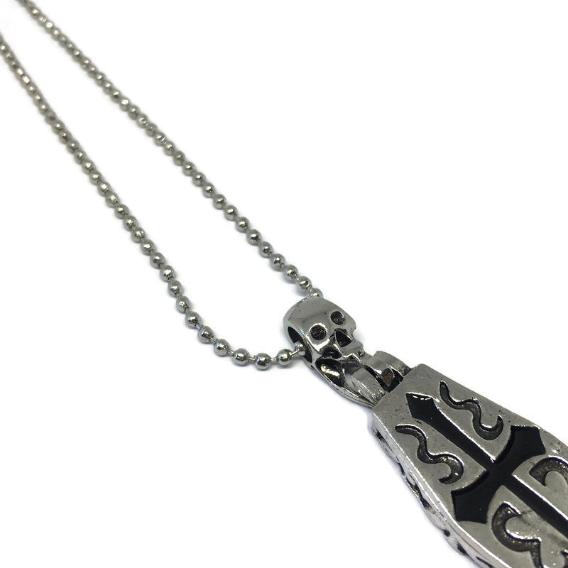 Coffin x Skeleton Necklace featuring a unique coffin and skeleton pendant on a 50cm chain, crafted from sterling silver plated steel alloy.