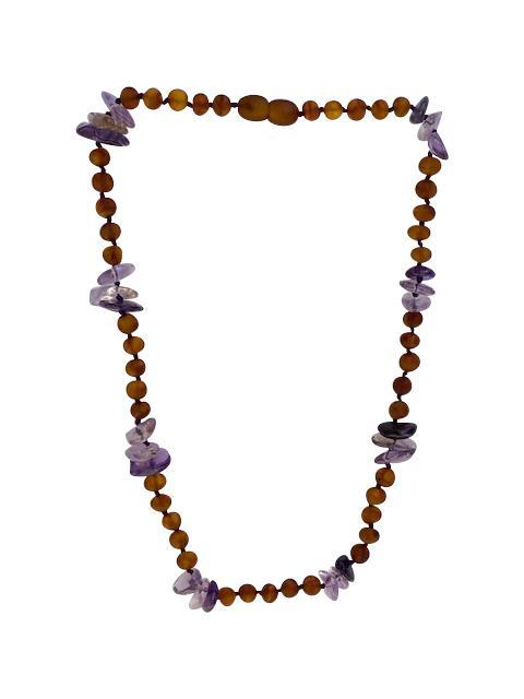 Cognac Amber + Amethyst Kids necklace featuring purple hues and individually knotted beads for safety, designed for children aged 4-15.