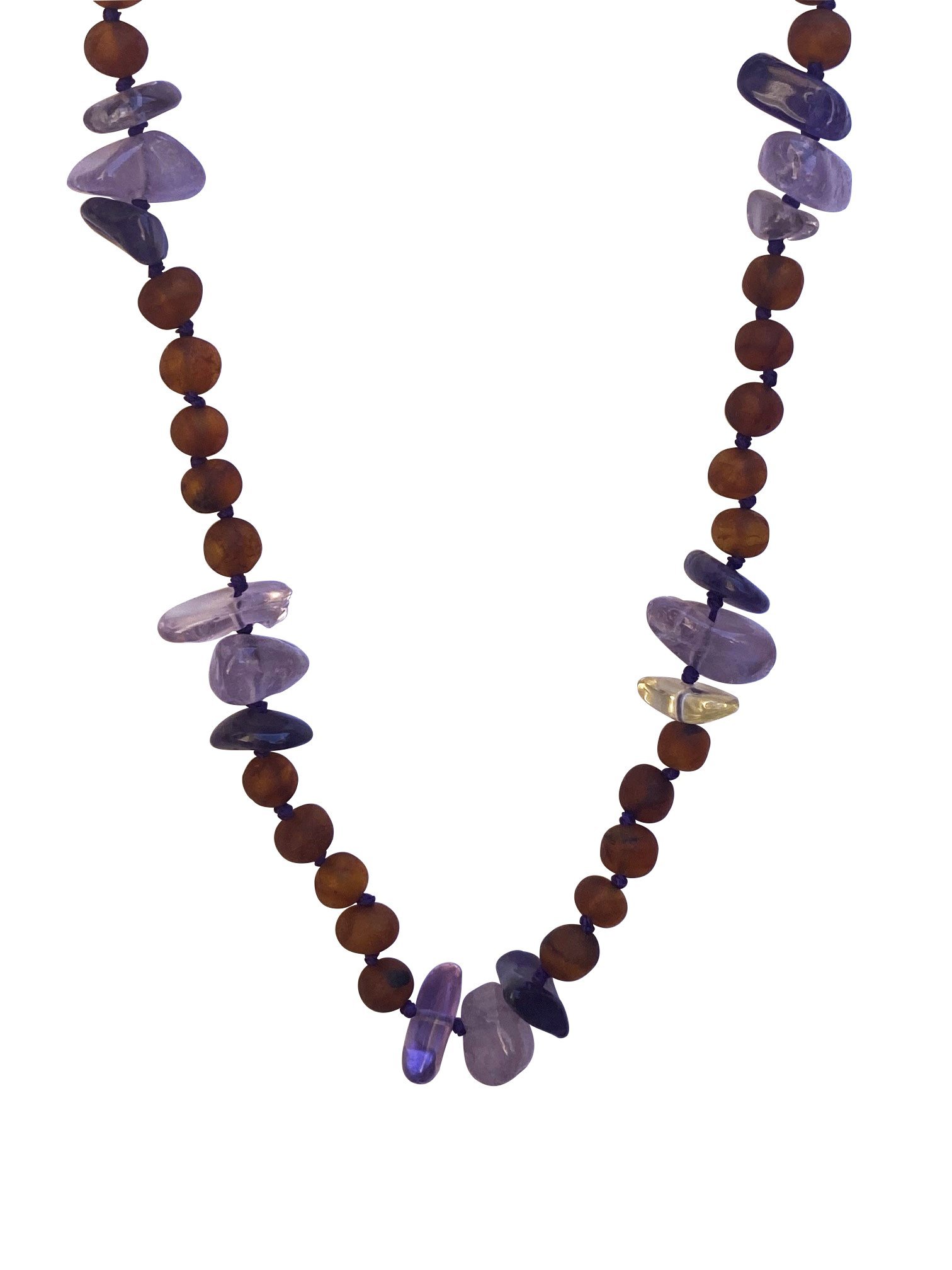 Cognac Amber + Amethyst Kids necklace featuring purple hues and individually knotted beads for safety, designed for children aged 4-15.