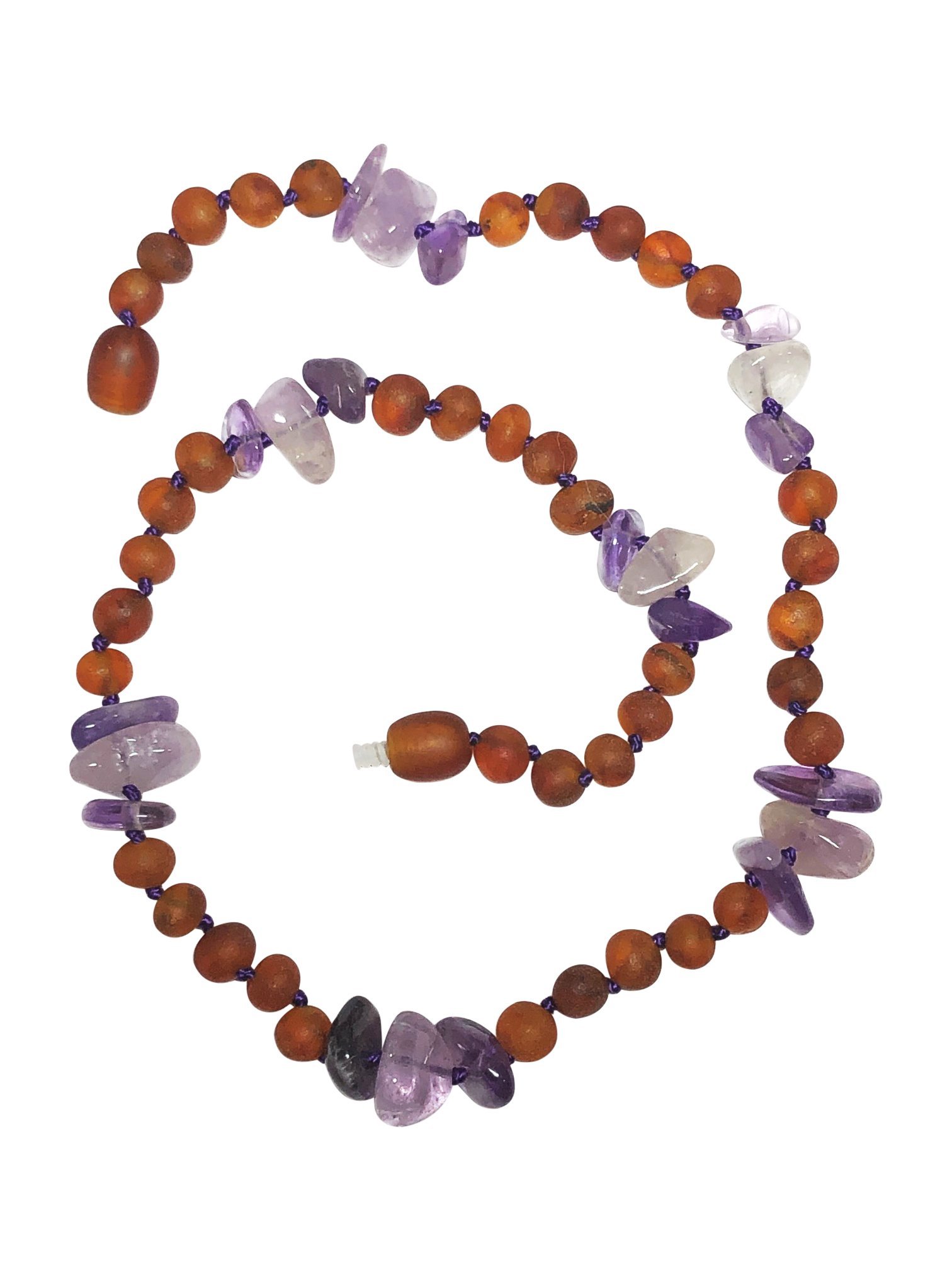 Cognac Amber + Amethyst Kids necklace featuring purple hues and individually knotted beads for safety, designed for children aged 4-15.