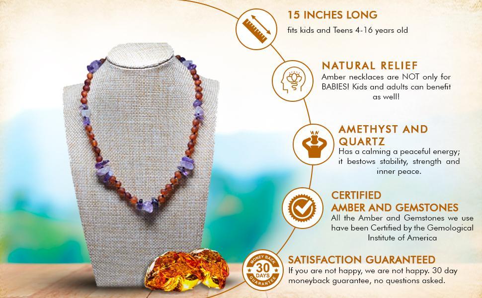 Cognac Amber + Amethyst Kids necklace featuring purple hues and individually knotted beads for safety, designed for children aged 4-15.