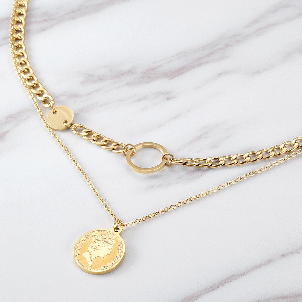 A stylish Coin Layered Necklace made of 316L surgical stainless steel with 14K gold PVD plating, featuring layered coin pendants.