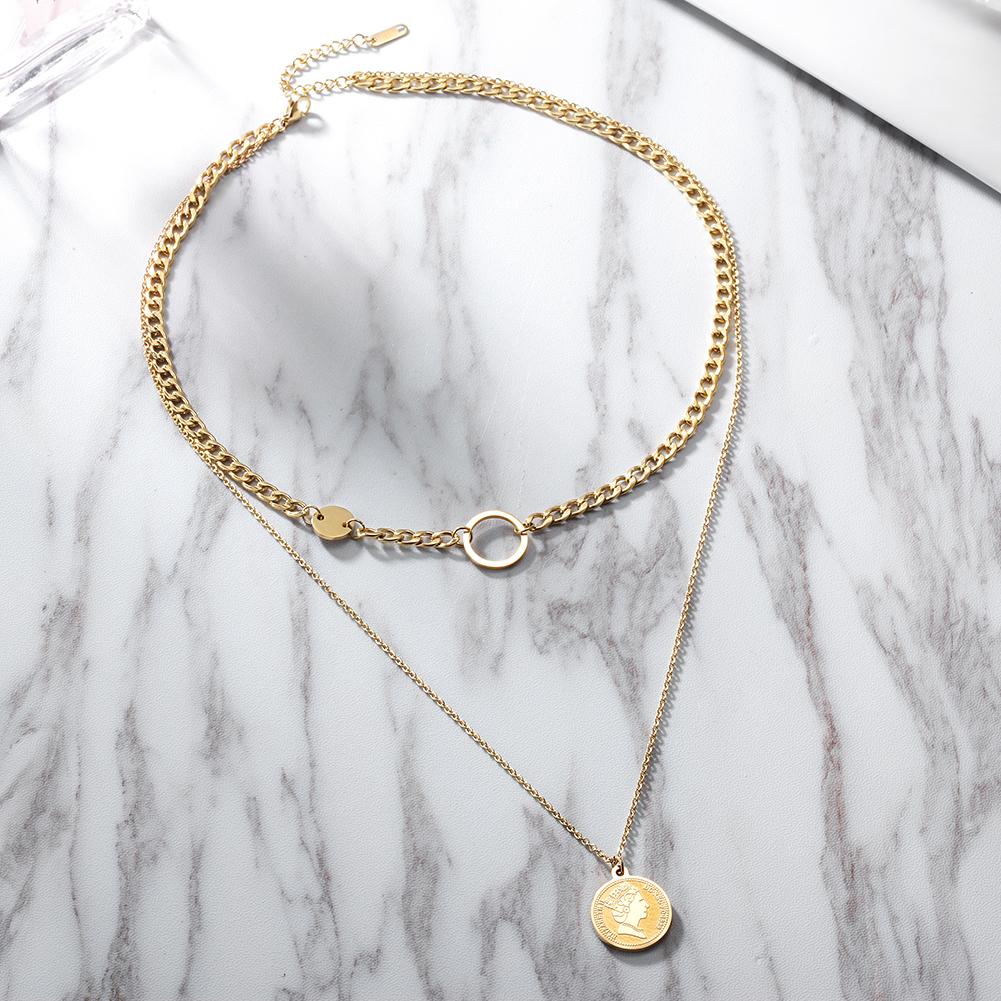 A stylish Coin Layered Necklace made of 316L surgical stainless steel with 14K gold PVD plating, featuring layered coin pendants.