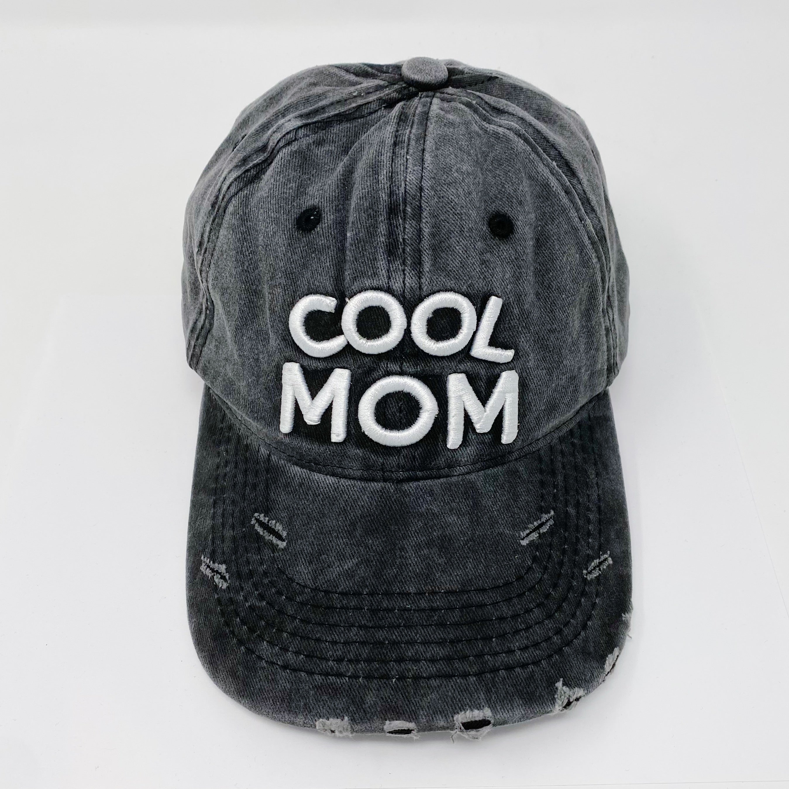 Cool Mom Ball Cap in dark gray with white embroidery, featuring a curved bill and adjustable strap, perfect for stylish moms.