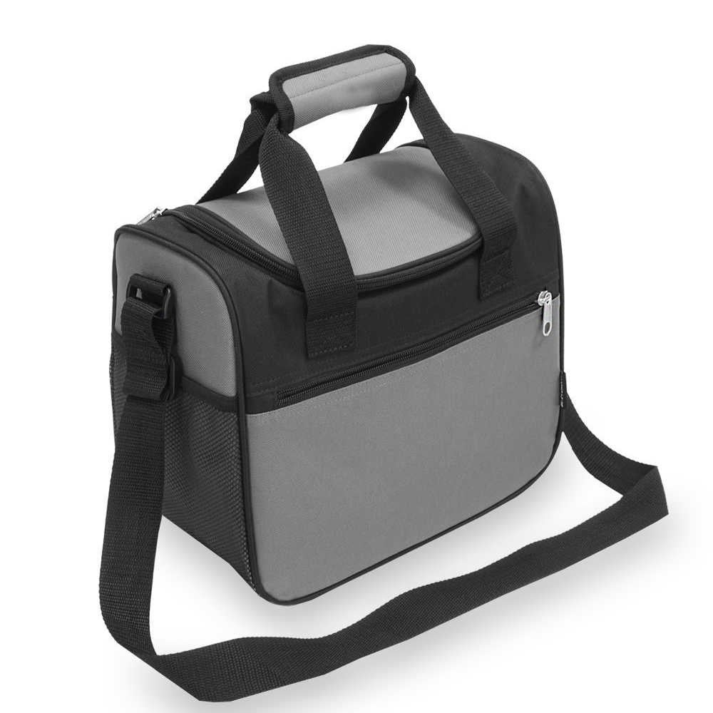 Large cooler/lunch bag in black with adjustable shoulder strap, zippered compartments, and durable polyester material.