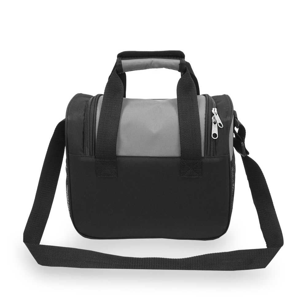 Large cooler/lunch bag in black with adjustable shoulder strap, zippered compartments, and durable polyester material.