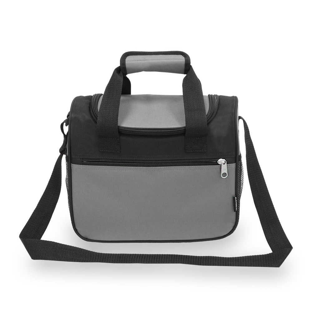 Large cooler/lunch bag in black with adjustable shoulder strap, zippered compartments, and durable polyester material.