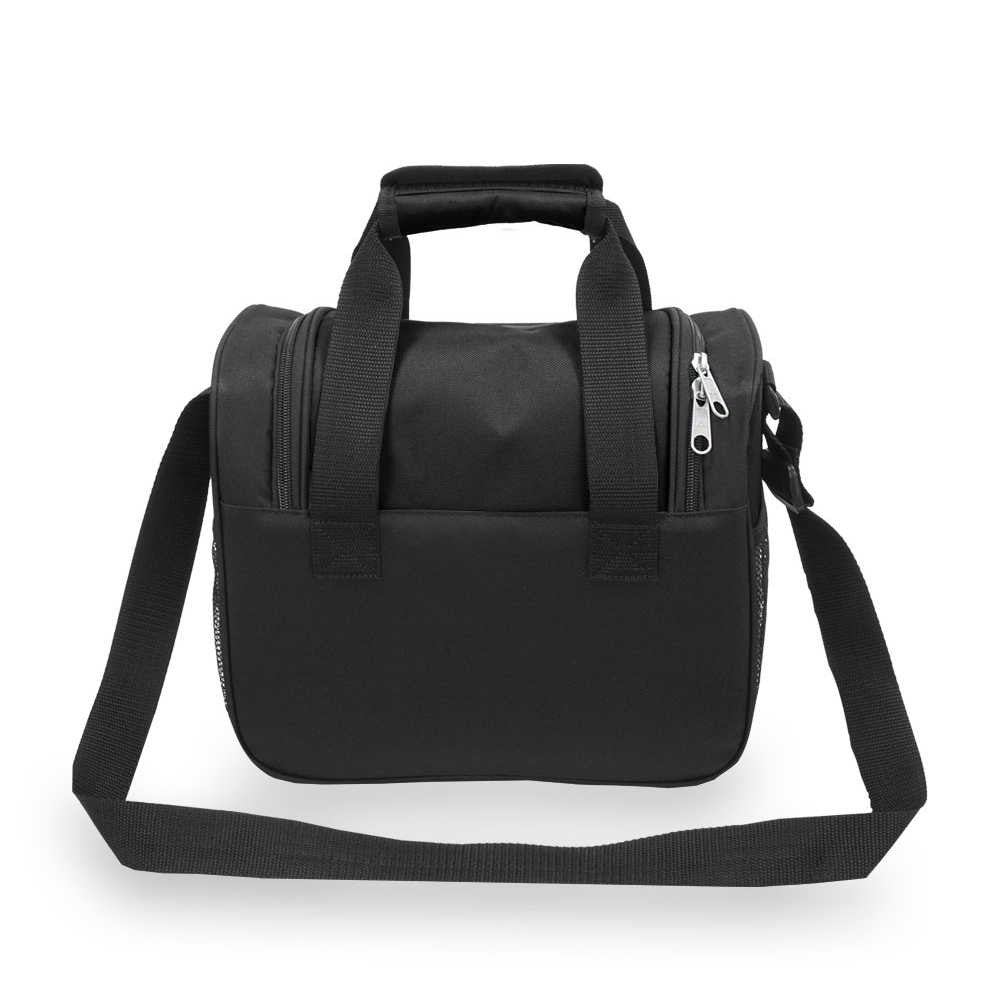 Large cooler/lunch bag in black with adjustable shoulder strap, zippered compartments, and durable polyester material.