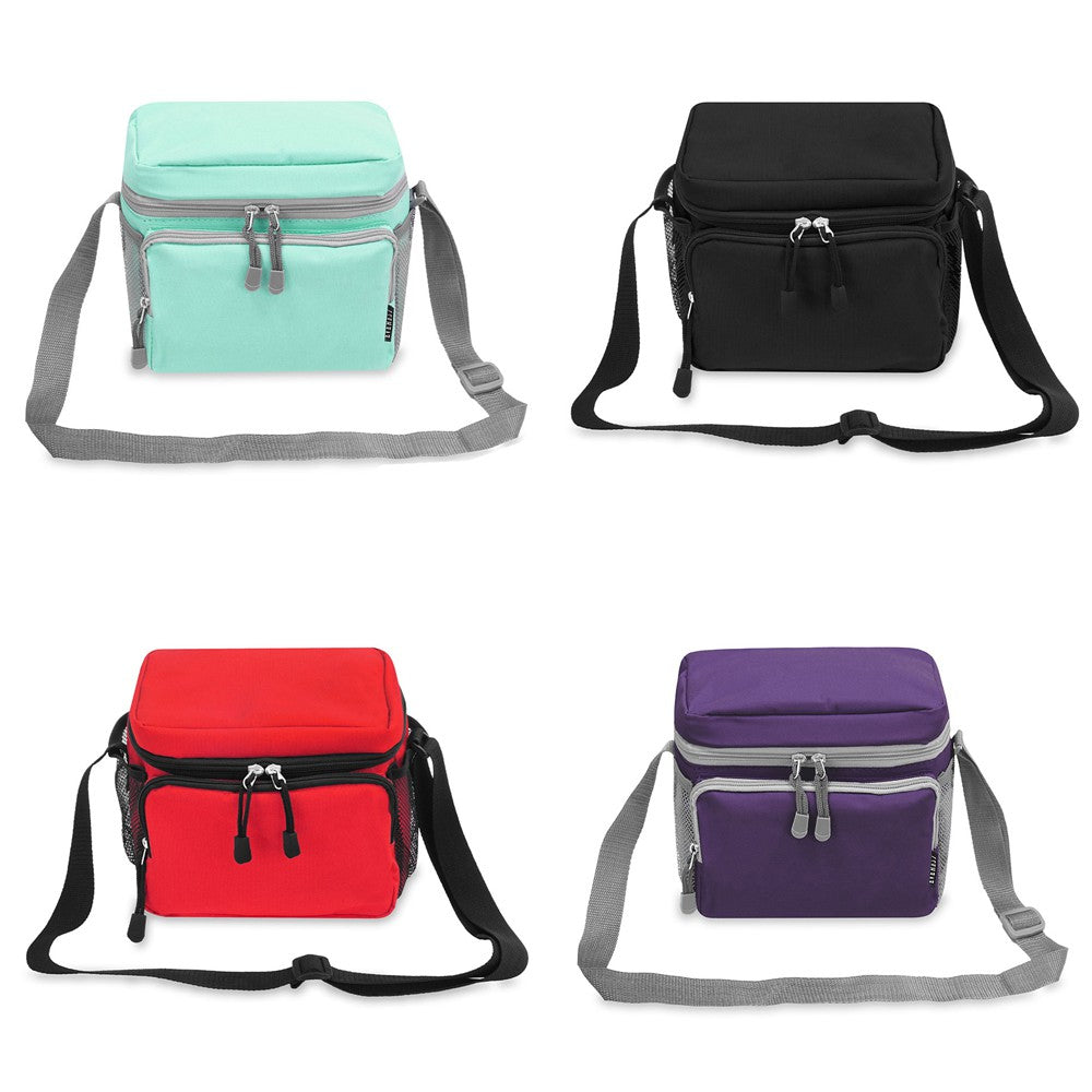 A large insulated cooler lunch bag made of durable 600D polyester, featuring a front zippered pocket and side mesh pockets for extra storage.