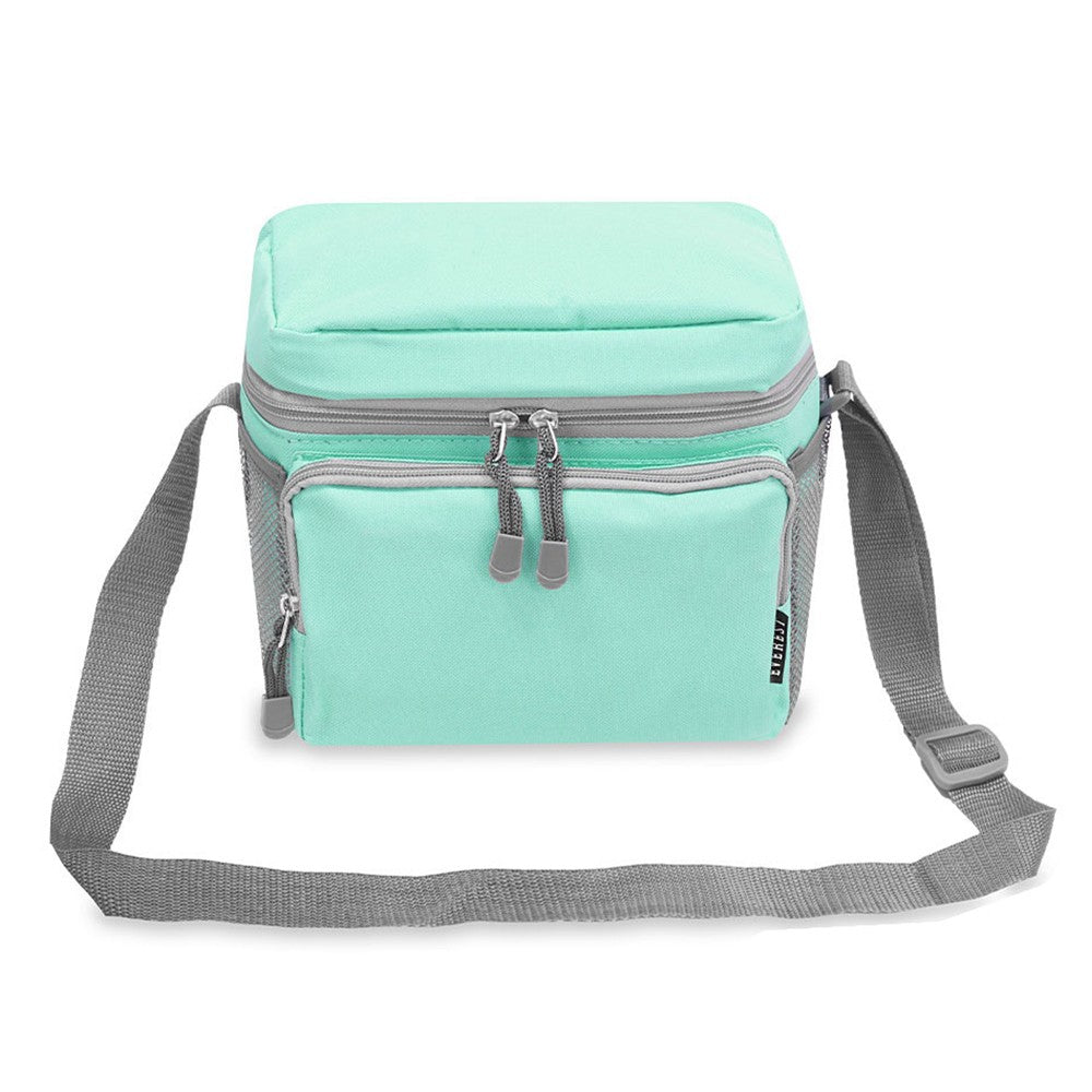 A large insulated cooler lunch bag made of durable 600D polyester, featuring a front zippered pocket and side mesh pockets for extra storage.