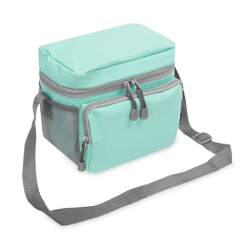 A large insulated cooler lunch bag made of durable 600D polyester, featuring a front zippered pocket and side mesh pockets for extra storage.