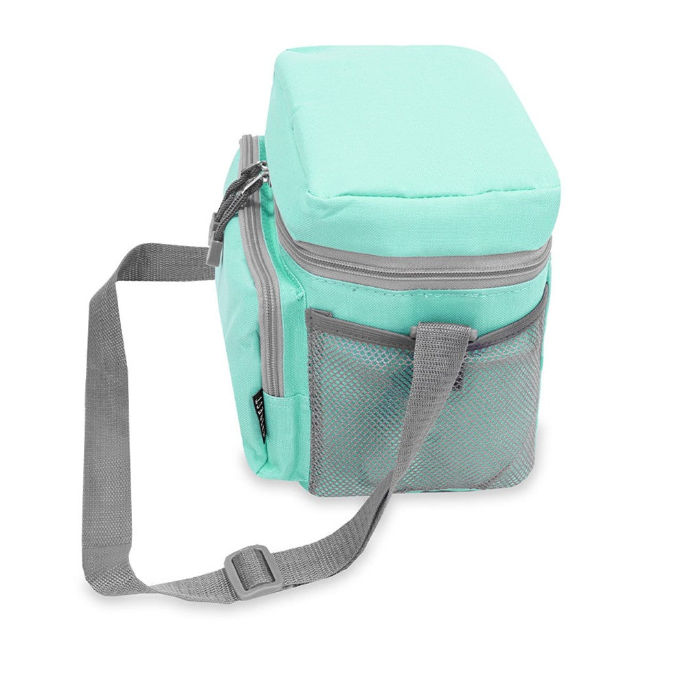 A large insulated cooler lunch bag made of durable 600D polyester, featuring a front zippered pocket and side mesh pockets for extra storage.