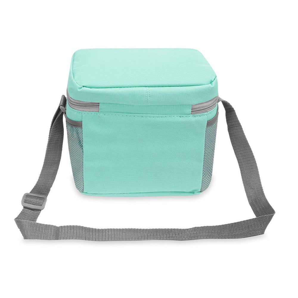 A large insulated cooler lunch bag made of durable 600D polyester, featuring a front zippered pocket and side mesh pockets for extra storage.