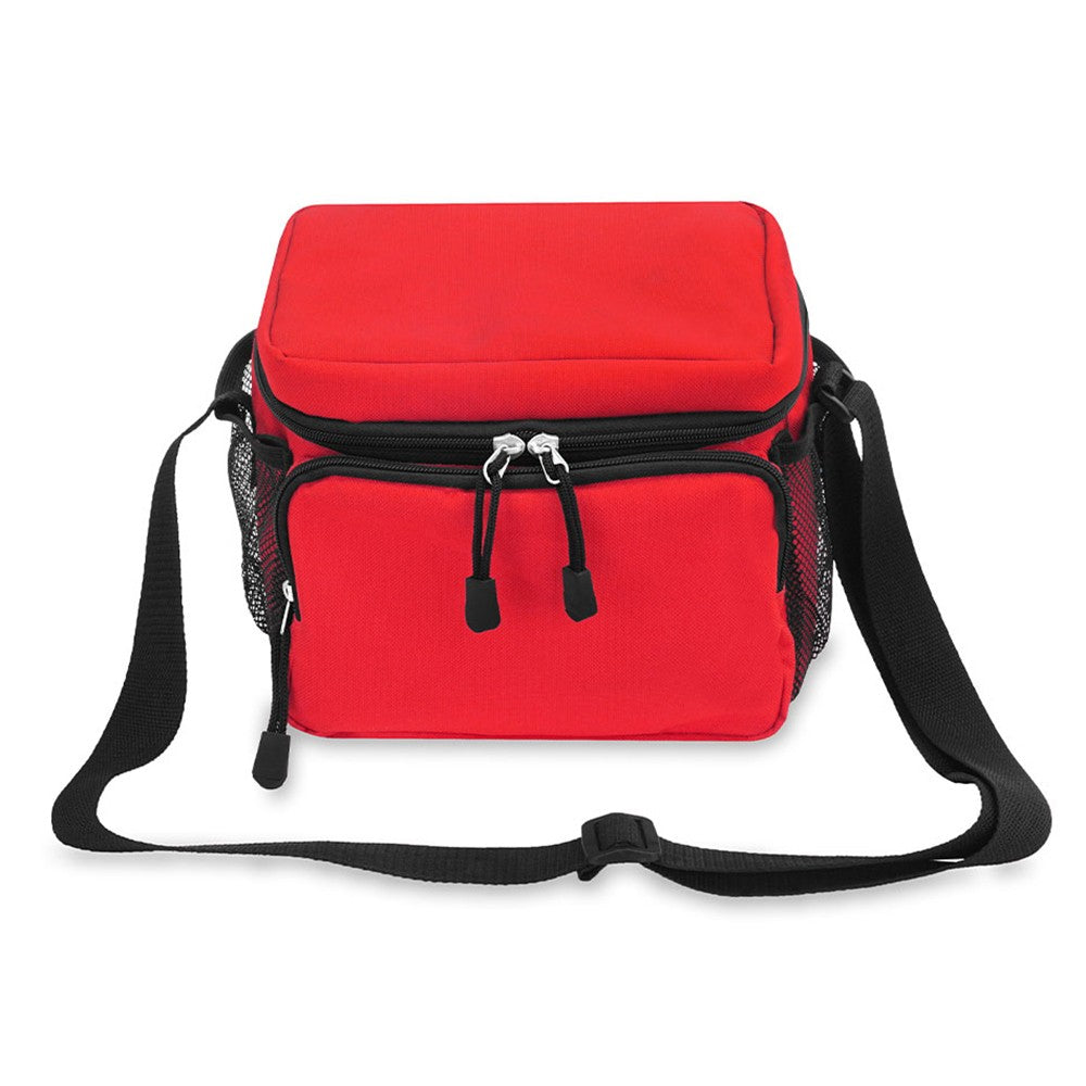 A large insulated cooler lunch bag made of durable 600D polyester, featuring a front zippered pocket and side mesh pockets for extra storage.