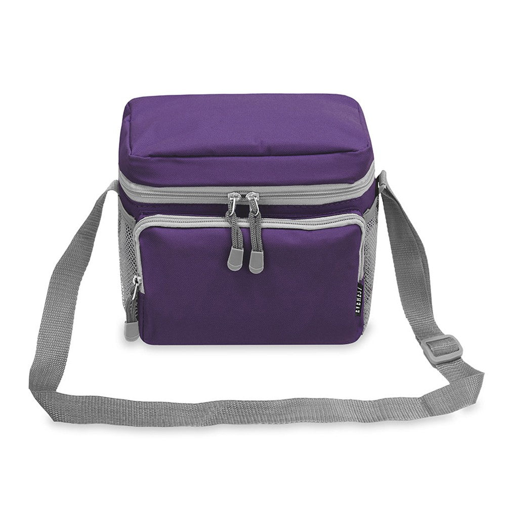 A large insulated cooler lunch bag made of durable 600D polyester, featuring a front zippered pocket and side mesh pockets for extra storage.