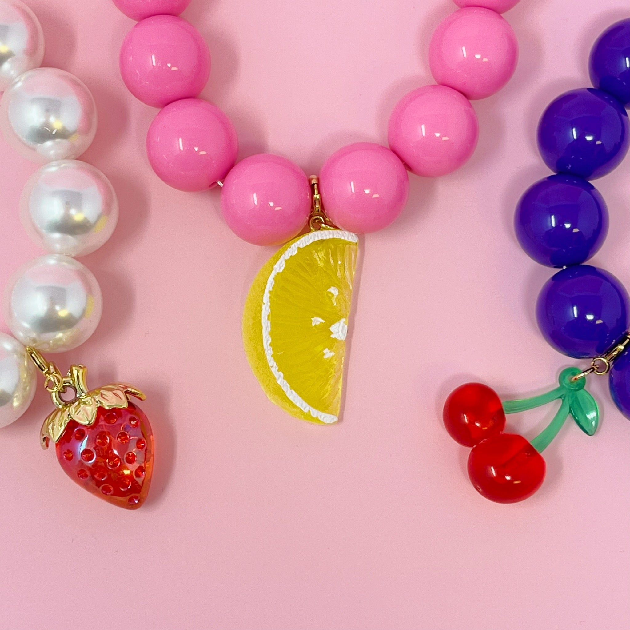 Color Bauble Sweet Fruit Lovely Necklace featuring colorful baubles and fruit pendants, elegantly designed with 18k gold plated brass.