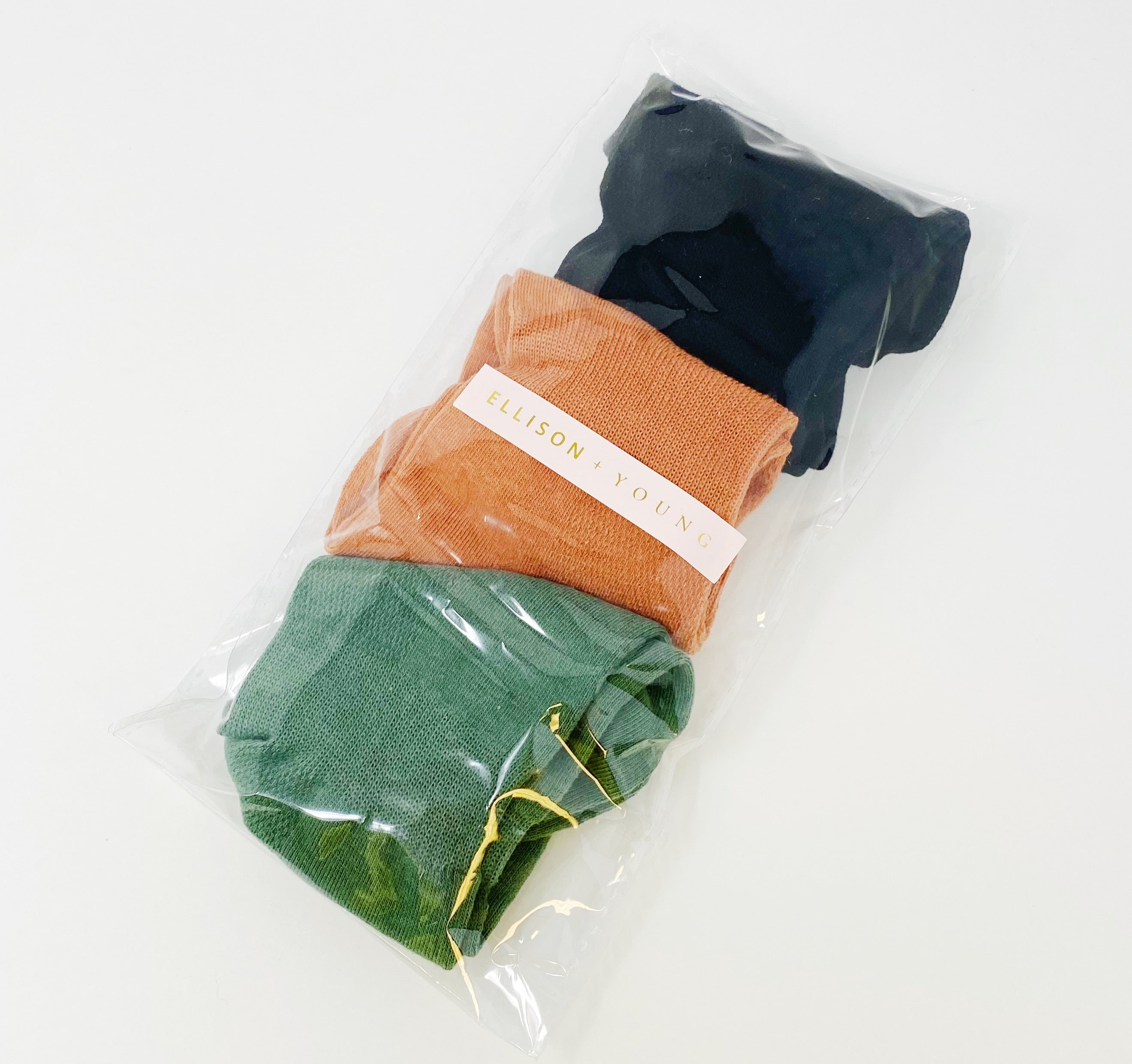 Color Of Today Low Ankle Socks Set featuring three pairs of colorful socks in a clear cello bag with Ellison + Young logo.