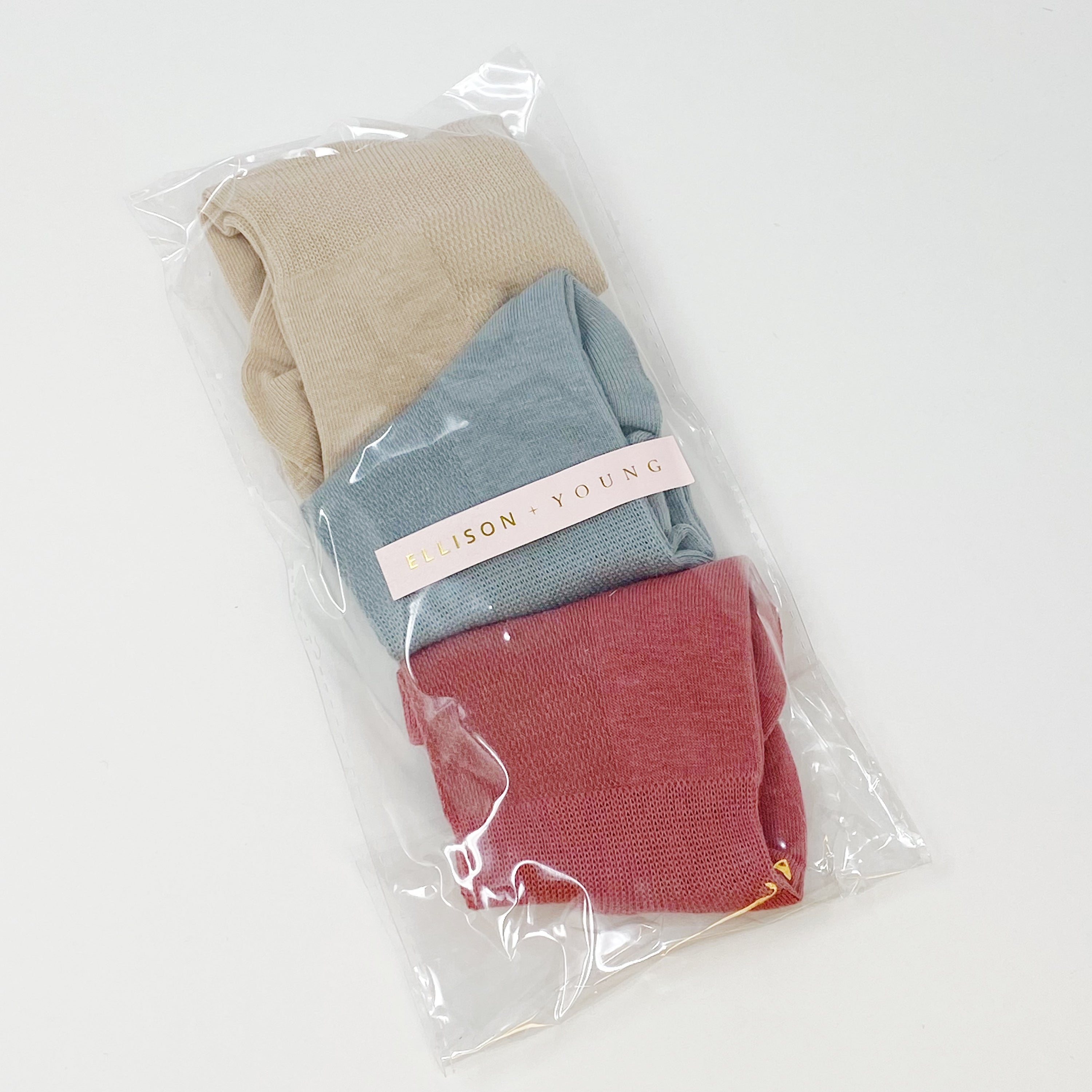 Color Of Today Low Ankle Socks Set featuring three pairs of colorful socks in a clear cello bag with Ellison + Young logo.