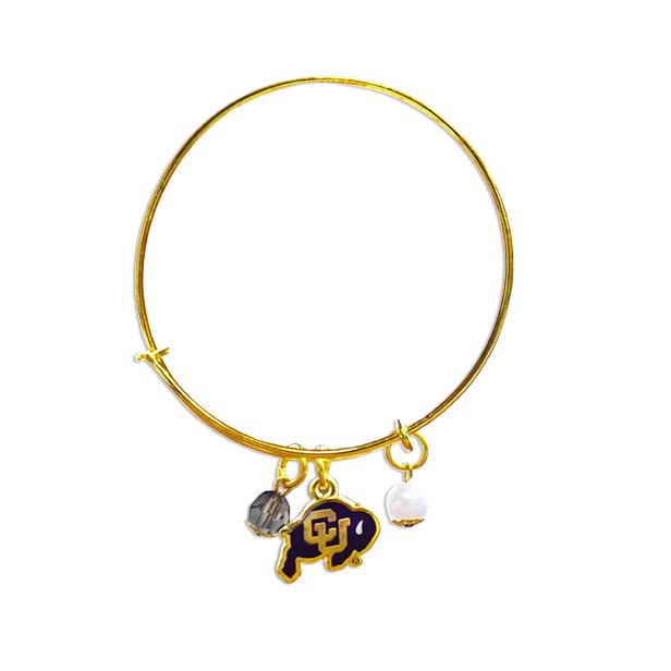 Colorado Buffaloes Bangle Bracelet featuring the team logo and black and white imitation pearls, adjustable from 7 to 8 inches.