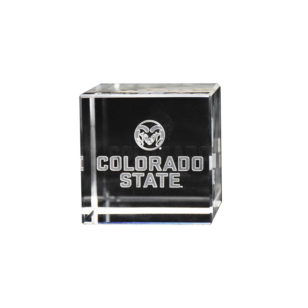 A beautifully crafted Colorado State University Logo Crystal Cube, showcasing the logo inside a clear optical crystal cube with sharp cut angles.