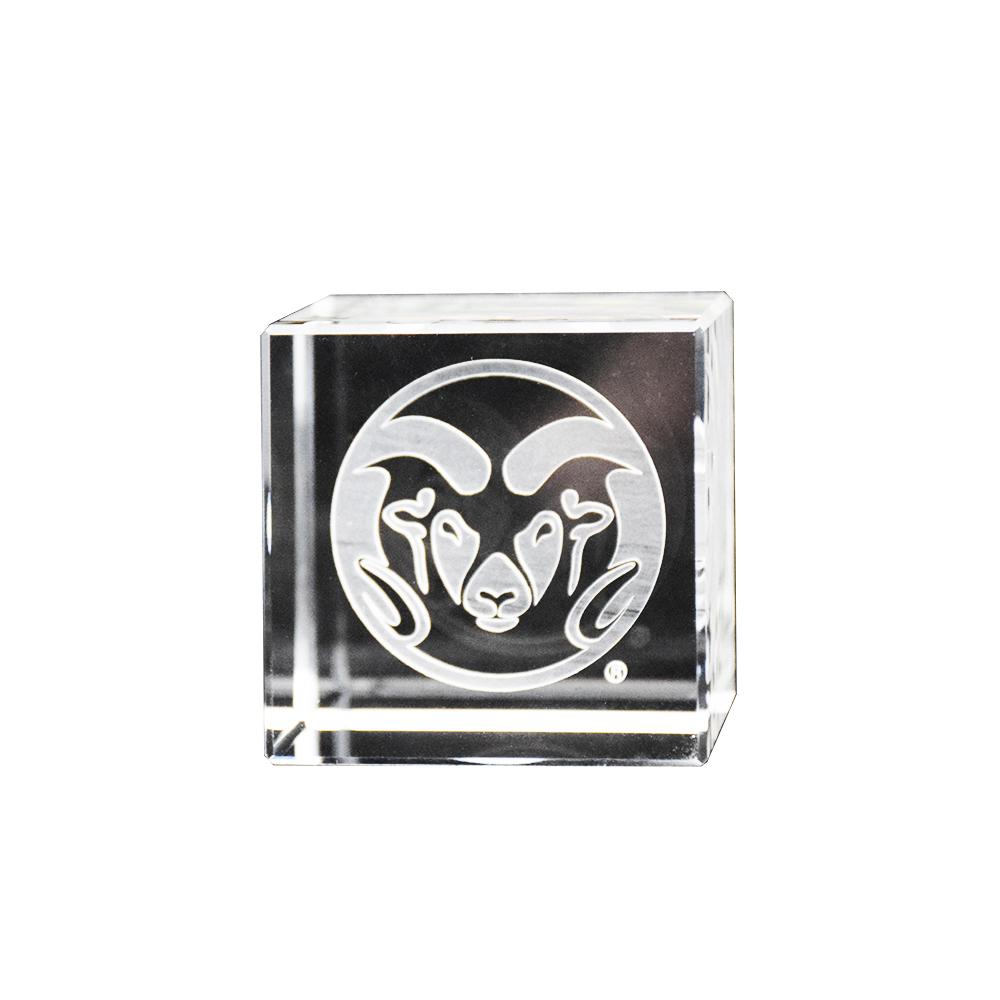 A beautifully crafted optical crystal cube featuring the Colorado State Ram Logo, showcasing sharp angles and clarity.