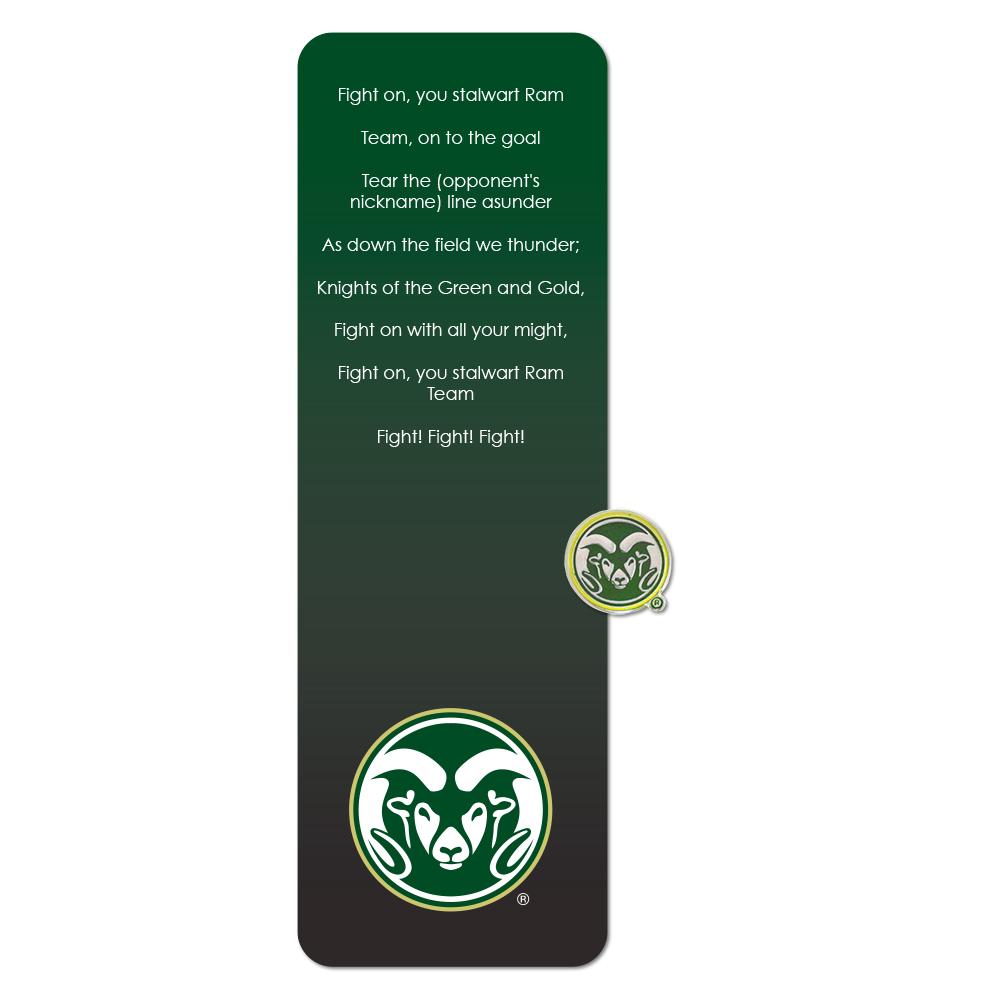 Colorado State Rams Bookmark and Pin featuring the Rams logo and fight song, perfect for fans.