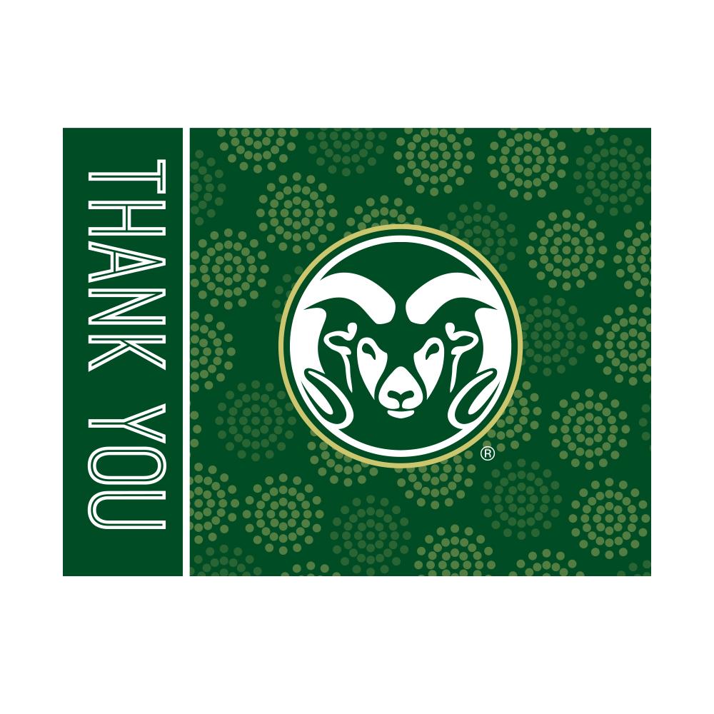 Pack of 10 Colorado State Rams Thank You Cards with envelopes, featuring vibrant green color and CSU logo.