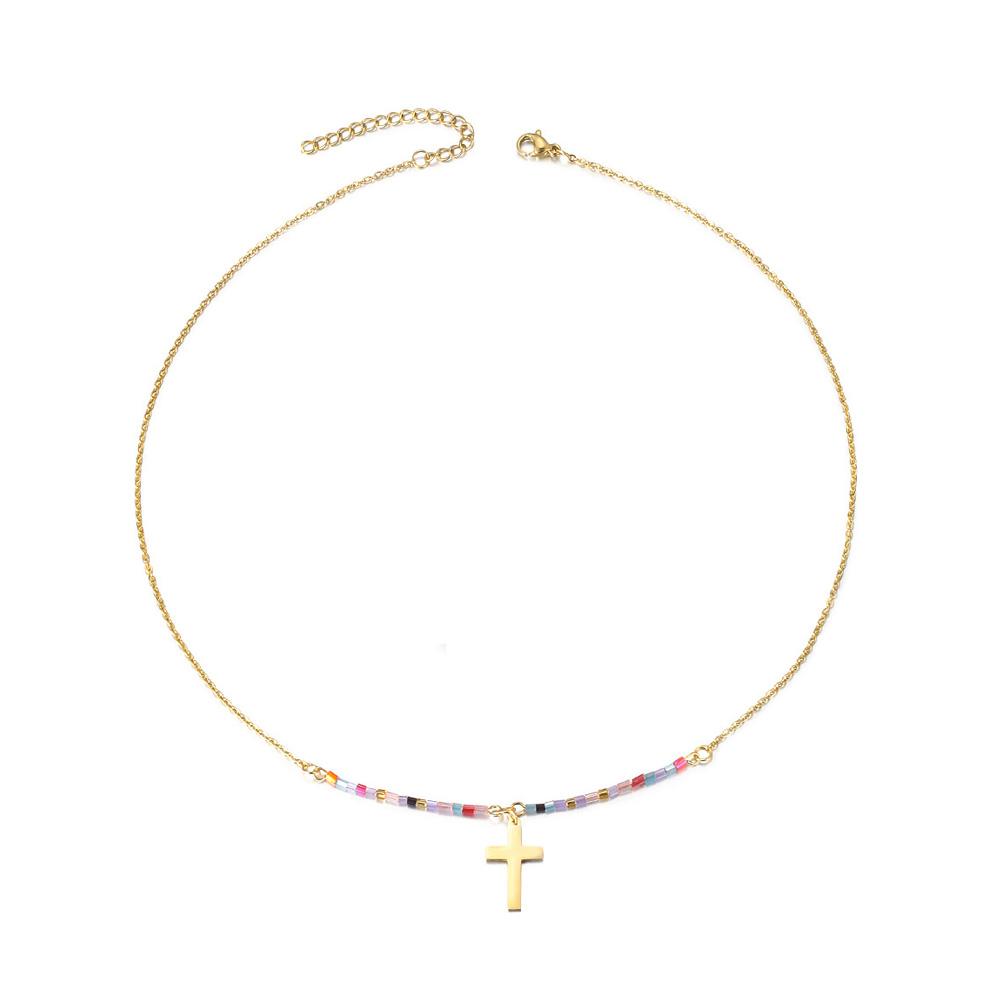 Colorful Beaded Cross Necklace made of surgical stainless steel with vibrant beads and gold plating.