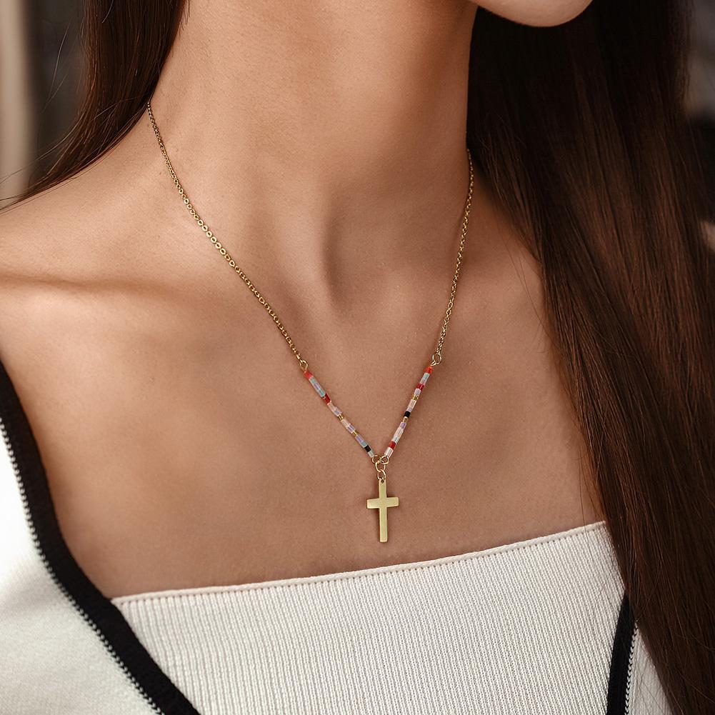 Colorful Beaded Cross Necklace made of surgical stainless steel with vibrant beads and gold plating.