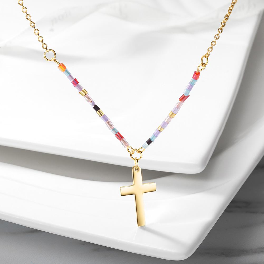 Colorful Beaded Cross Necklace made of surgical stainless steel with vibrant beads and gold plating.