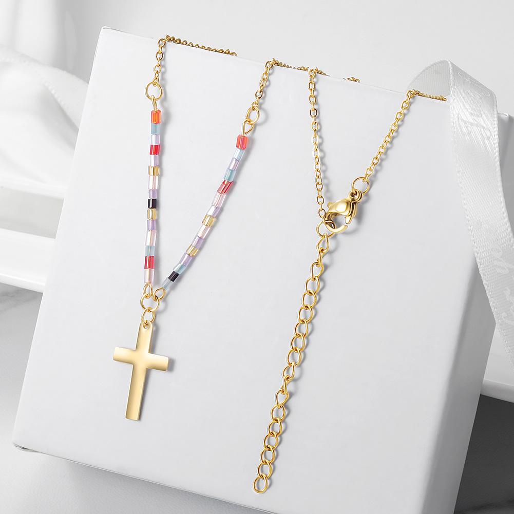 Colorful Beaded Cross Necklace made of surgical stainless steel with vibrant beads and gold plating.