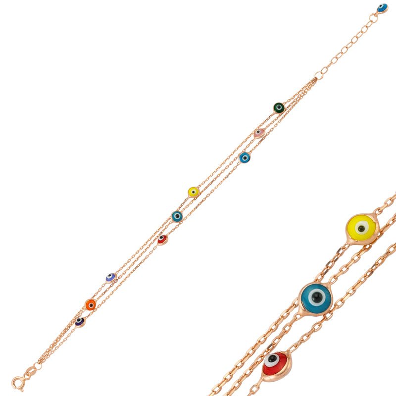 Colorful Evil Eye Rose Gold Chain Bracelet featuring a vibrant charm on a delicate silver chain.