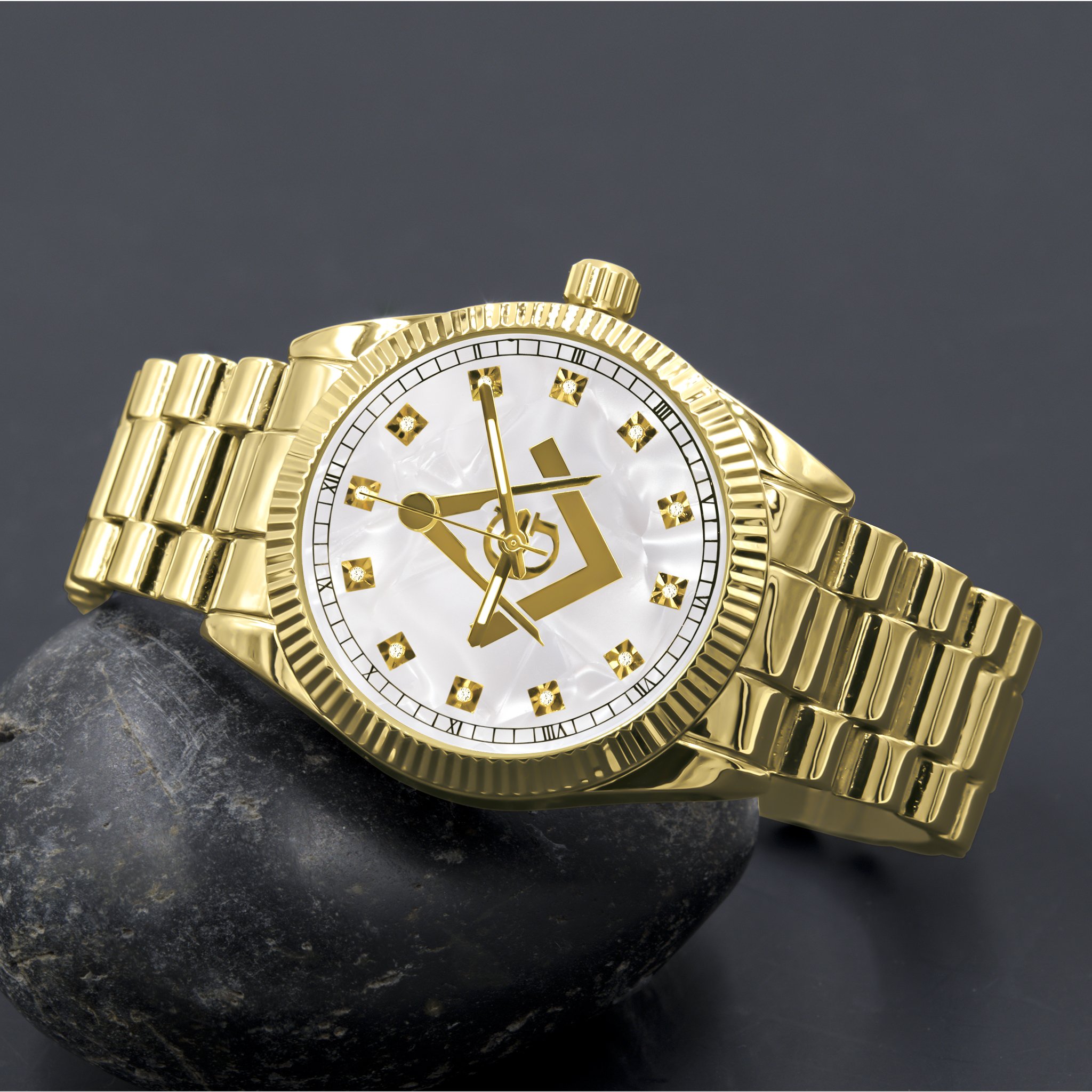 COLOSSAL MASONIC ICED METAL WATCH featuring a bling metal design, CZ stoned bracelet, and bullet indices on the dial.