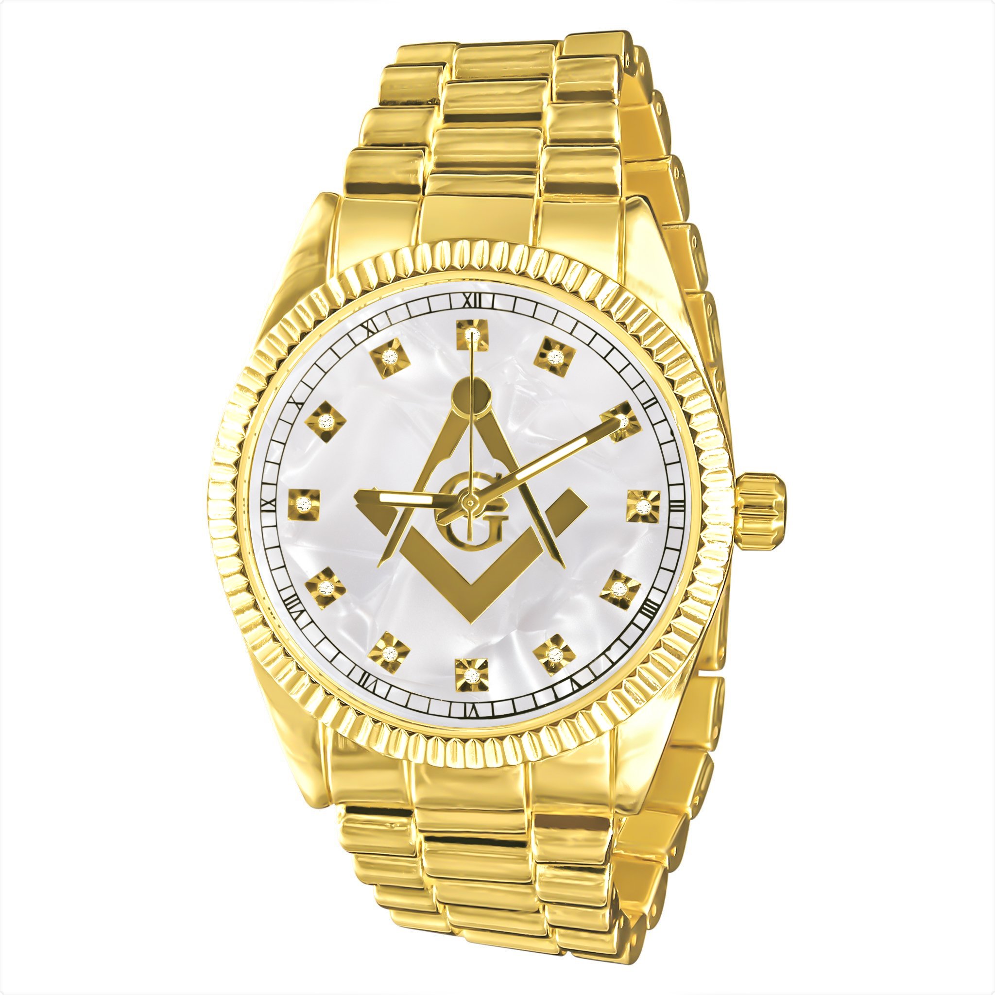 COLOSSAL MASONIC ICED METAL WATCH featuring a bling metal design, CZ stoned bracelet, and bullet indices on the dial.