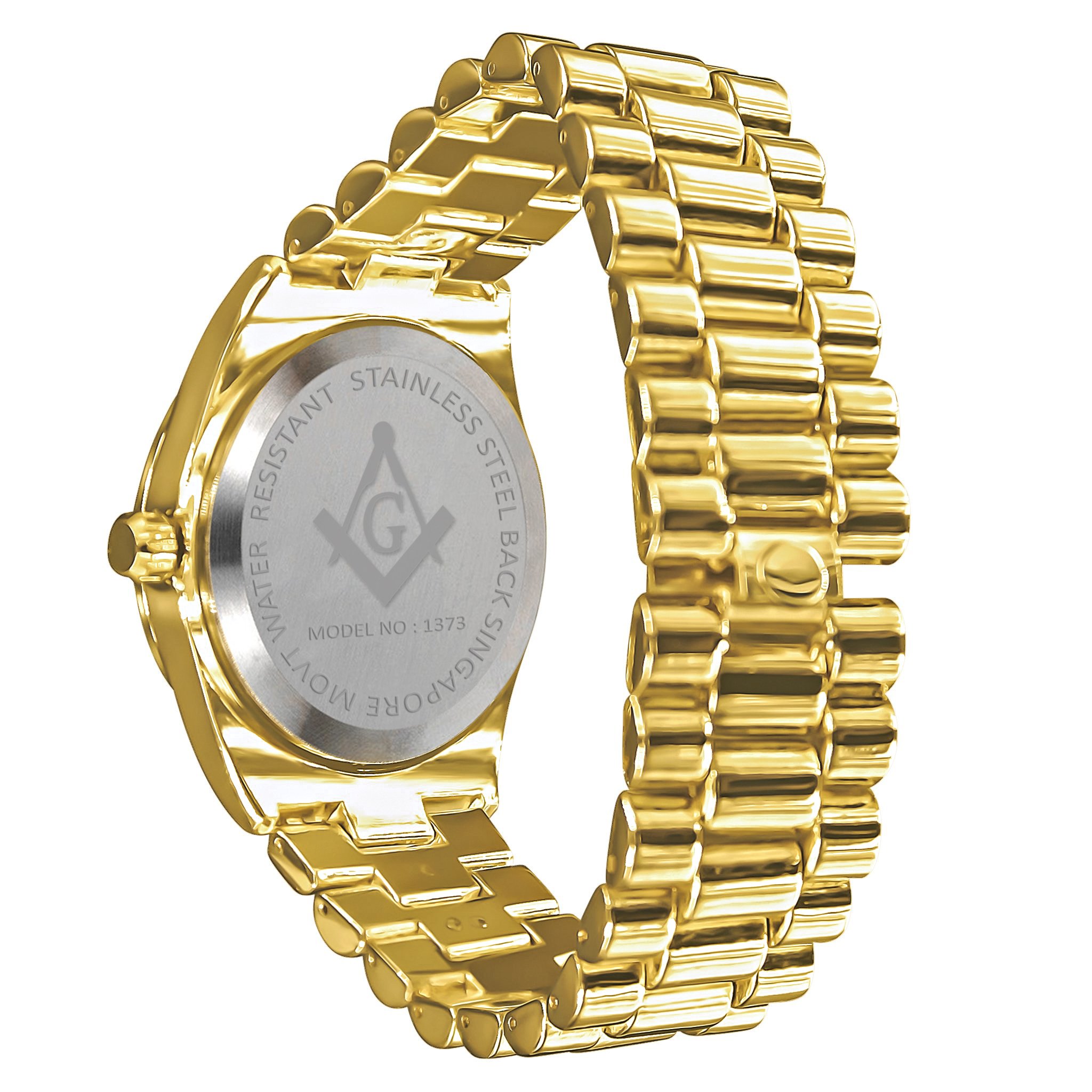 COLOSSAL MASONIC ICED METAL WATCH featuring a bling metal design, CZ stoned bracelet, and bullet indices on the dial.