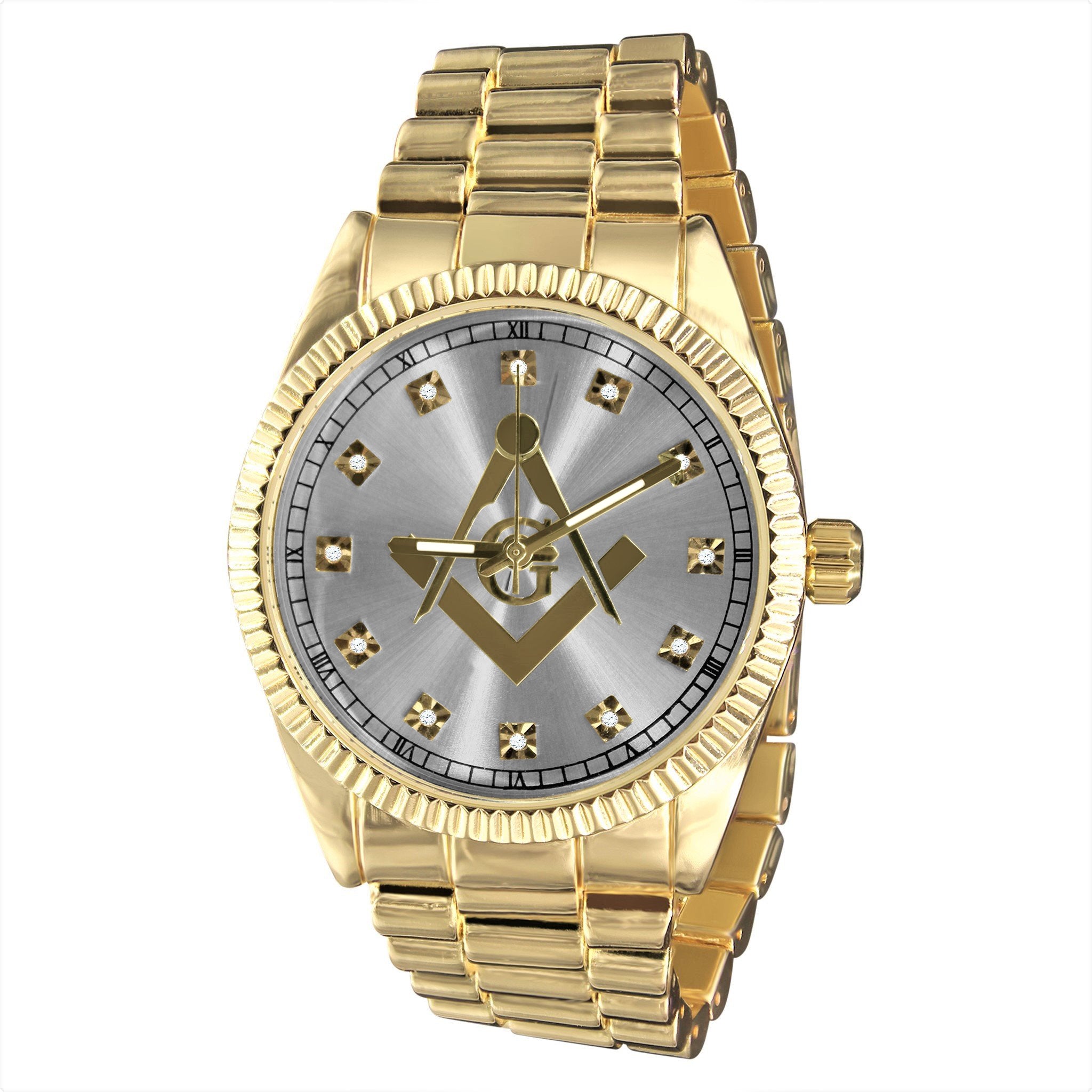 COLOSSAL MASONIC ICED METAL WATCH featuring a bling metal design with CZ stones and a stylish dial.