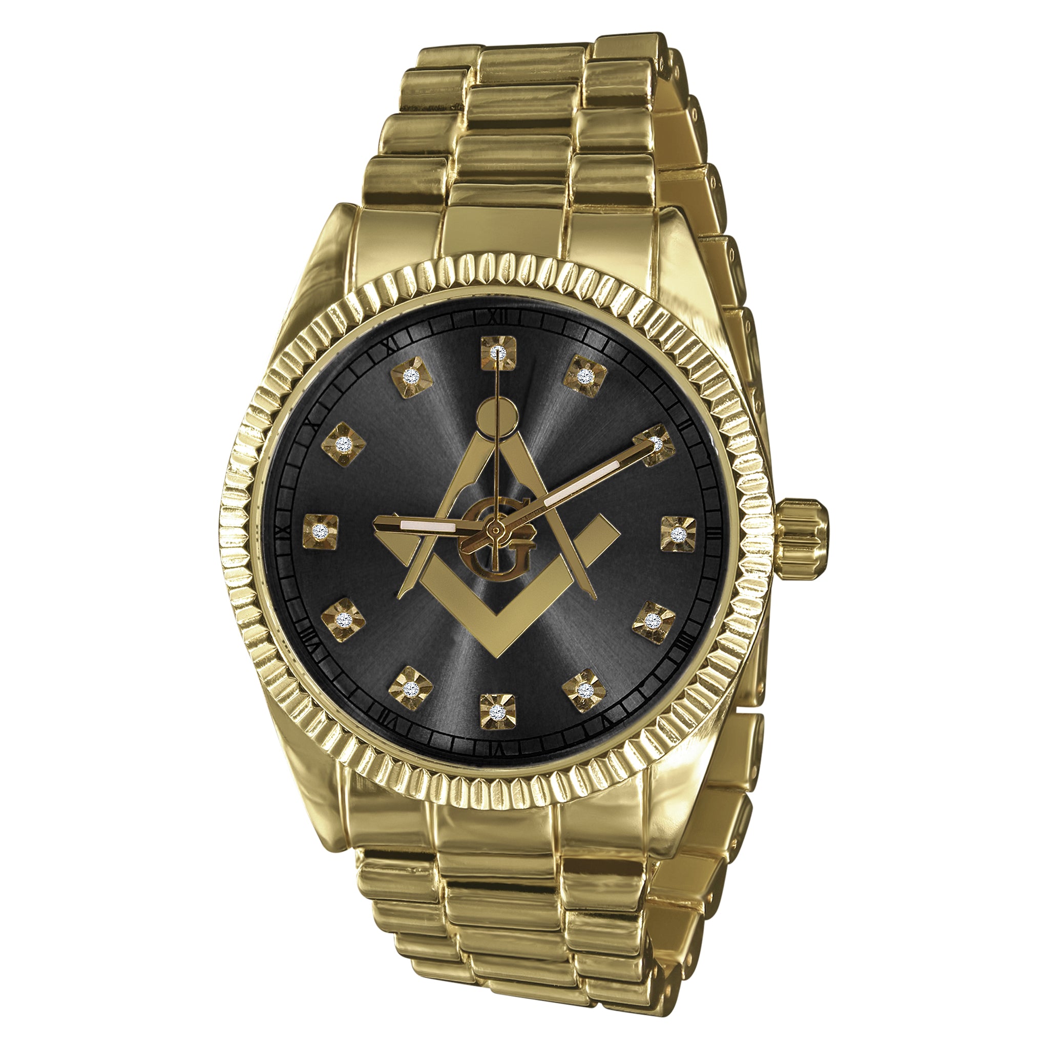 COLOSSAL MASONIC ICED METAL WATCH featuring a luxurious iced metal bracelet and bullet indices on the dial.