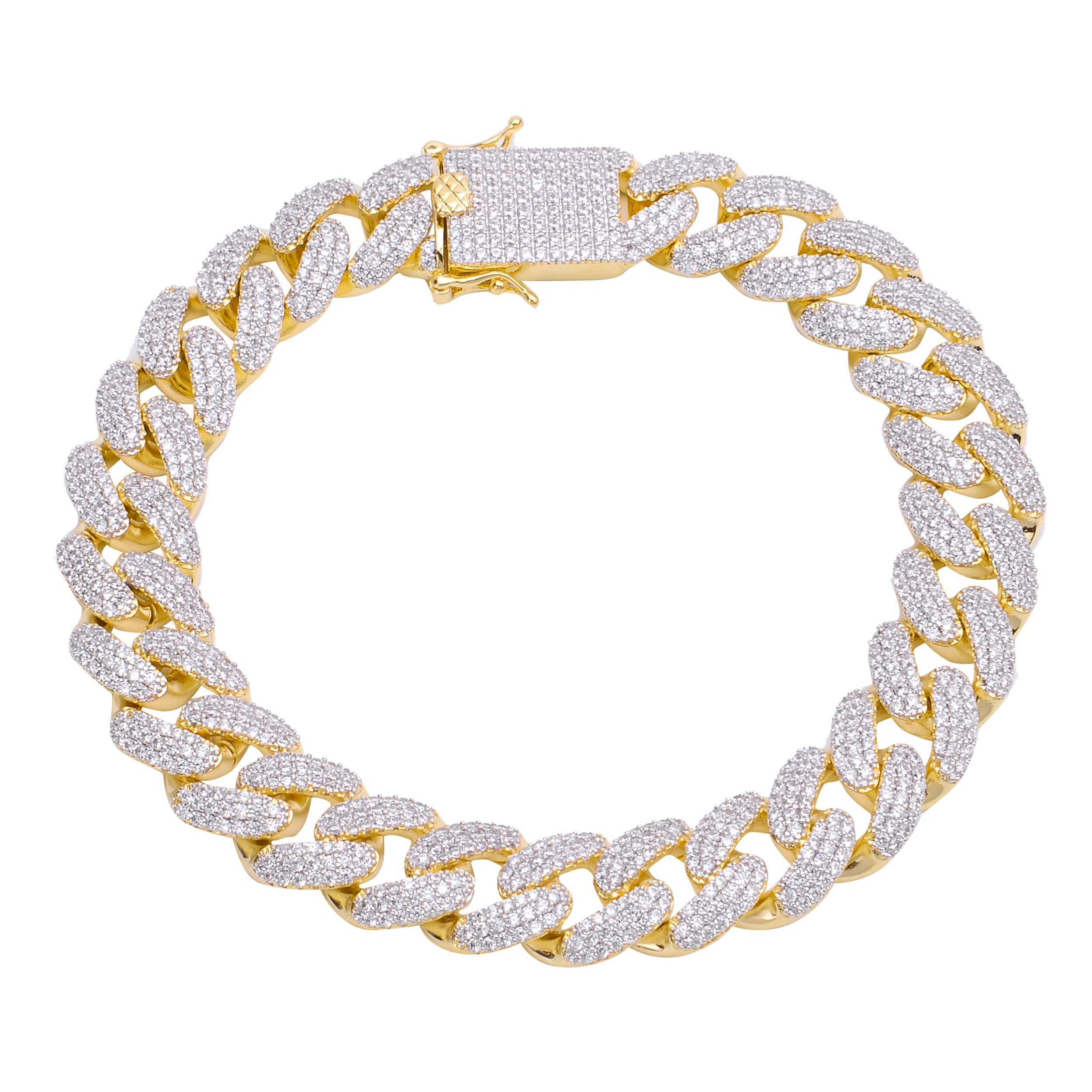 COLT 12 MM Cuban Bracelet featuring sparkling cubic zirconia stones set in a solid brass design, showcasing a high gloss polish.