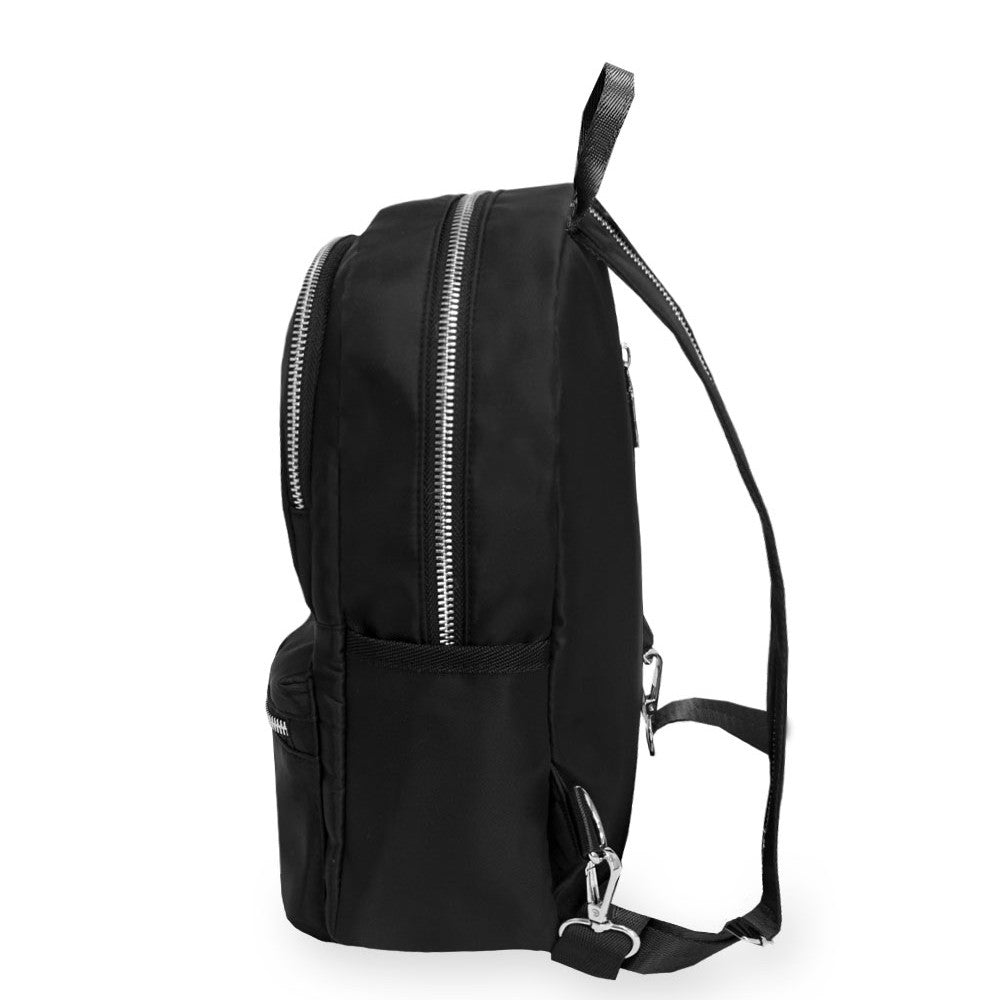 Compact Handbag Backpack featuring three compartments, adjustable straps, and polished chrome zippers, ideal for stylish organization.