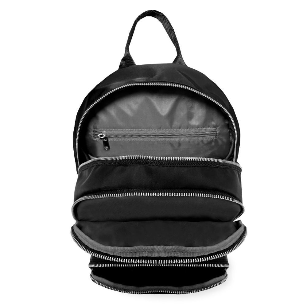 Compact Handbag Backpack featuring three compartments, adjustable straps, and polished chrome zippers, ideal for stylish organization.