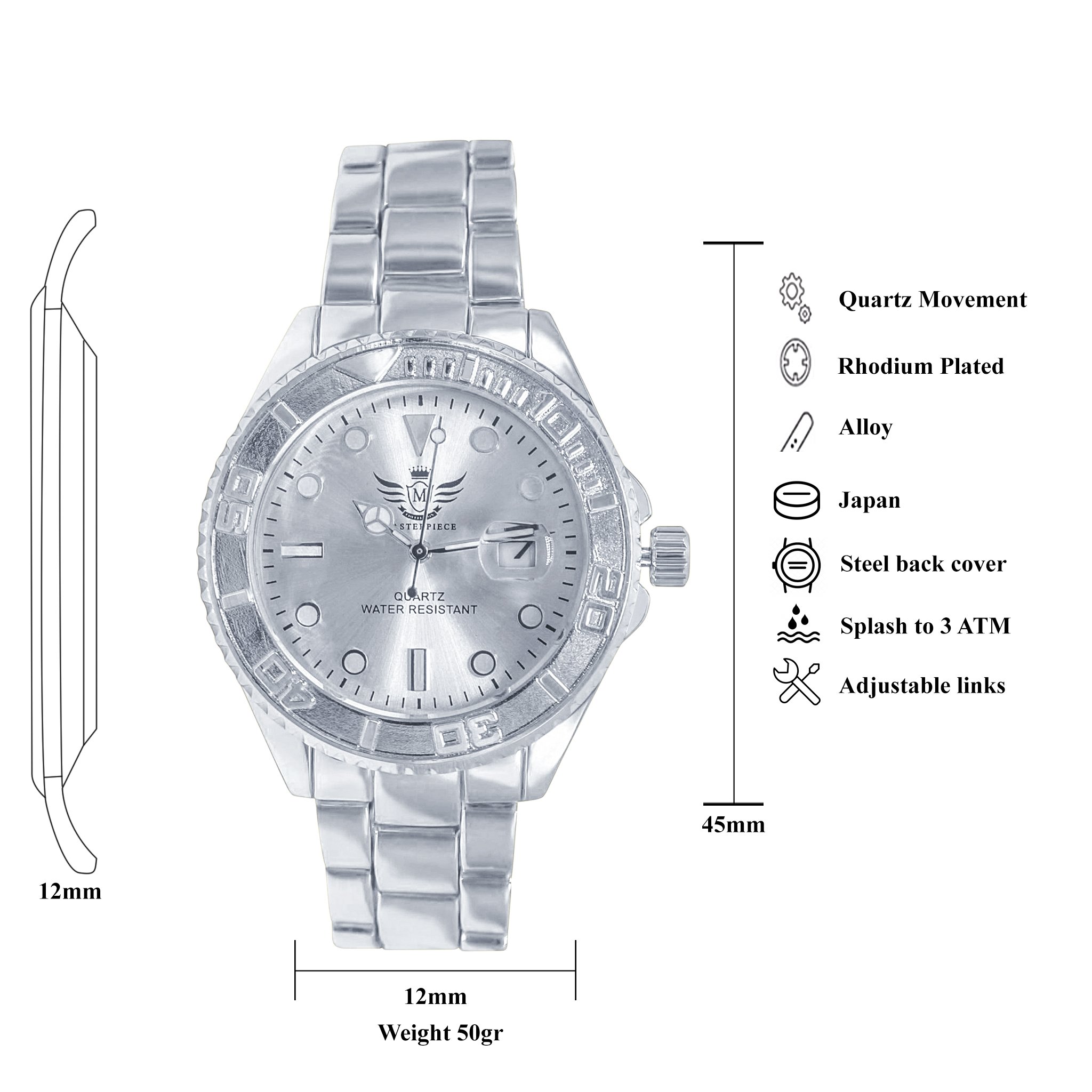 COMPULSION Classic Metal watch for men featuring a stylish design with crystal work on the face, Japan Seiko movement, and stainless steel back cover.