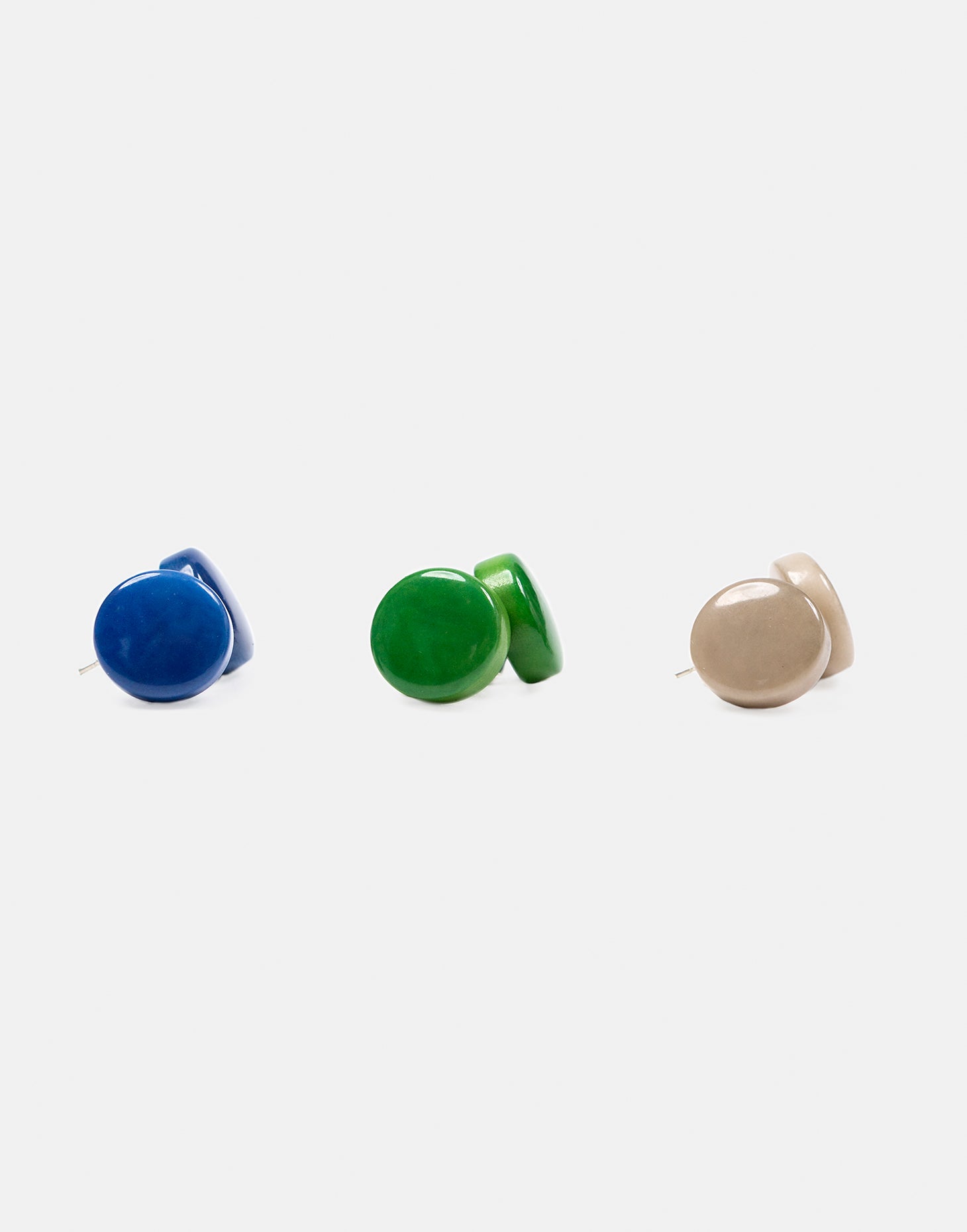 Confetti Tagua Stud Trio Set featuring colorful hand-cut tagua nut earrings with sterling silver findings, displayed in eco-friendly packaging.