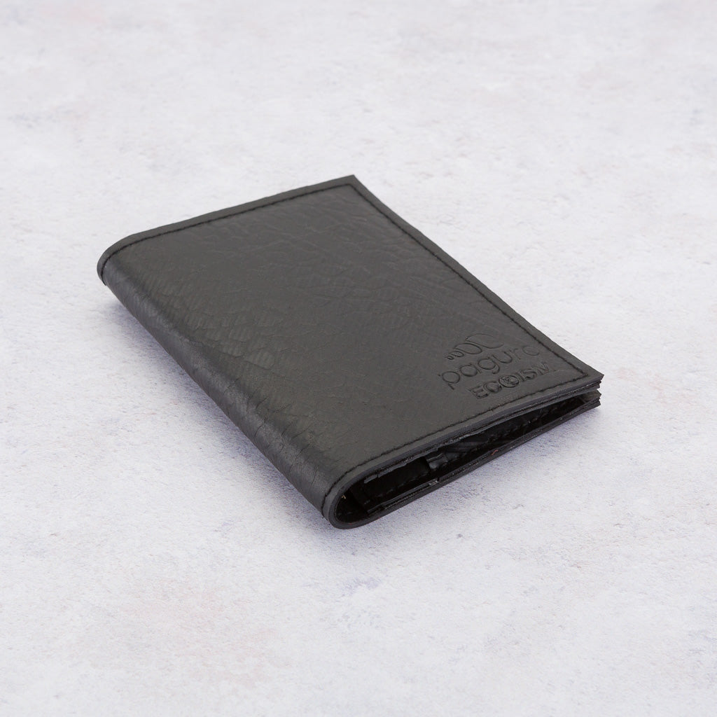 Conrad Recycled Rubber Vegan Card Wallet with black velvet lining and three card compartments, showcasing its eco-friendly design.