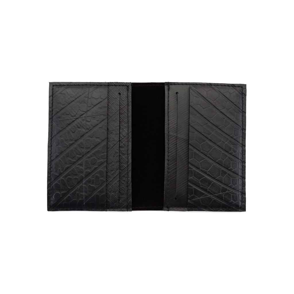 Conrad Recycled Rubber Vegan Card Wallet with black velvet lining and three card compartments, showcasing its eco-friendly design.