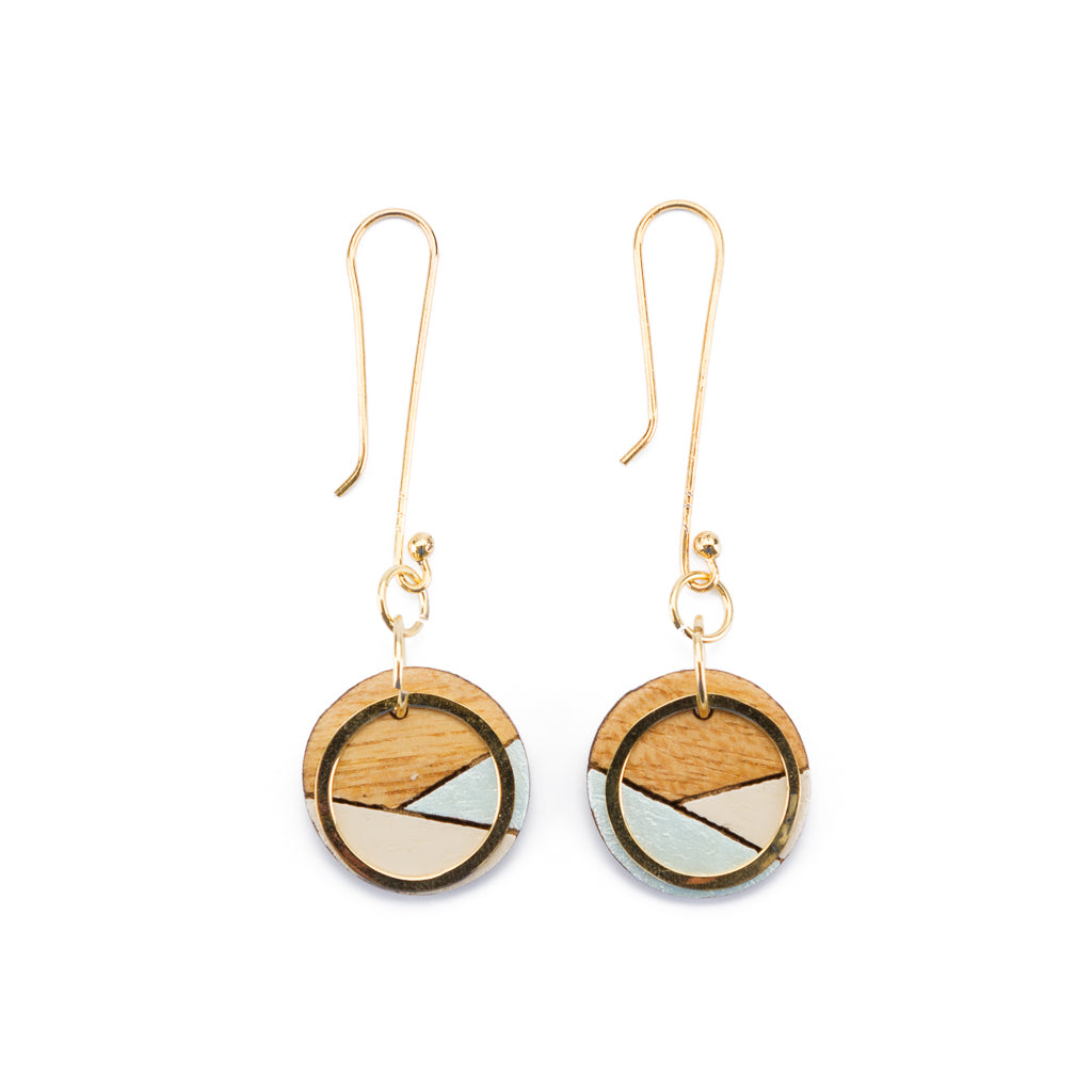 Conture Recycled Wood Gold Dangle Earrings showcasing vibrant colors and 24k gold plated brass hooks, handcrafted from recycled materials.