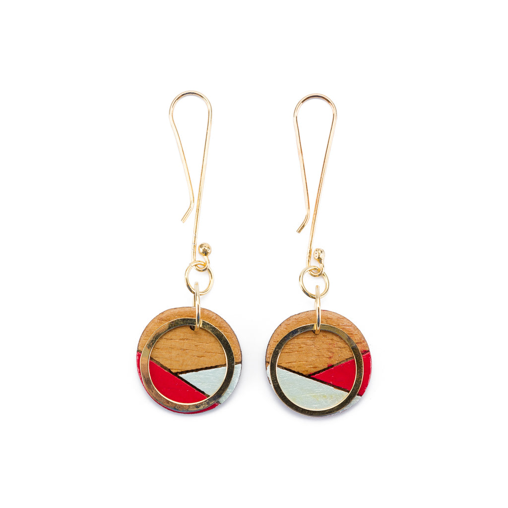 Conture Recycled Wood Gold Dangle Earrings showcasing vibrant colors and 24k gold plated brass hooks, handcrafted from recycled materials.